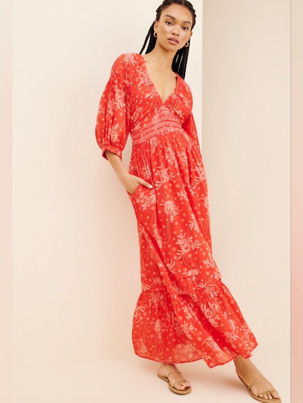 FREE PEOPLE Women's Golden Hour Maxi Dress Floral Puff Sleeves